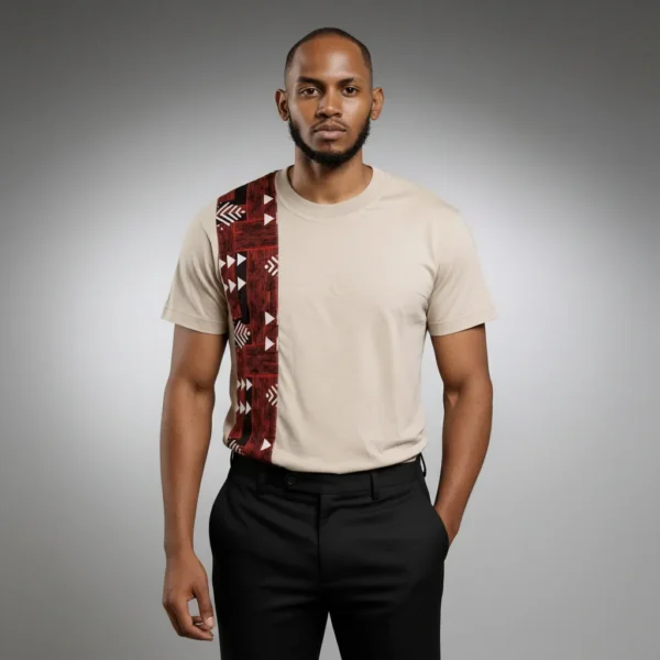 Unisex crewneck t-shirt with African print - Ecru panel