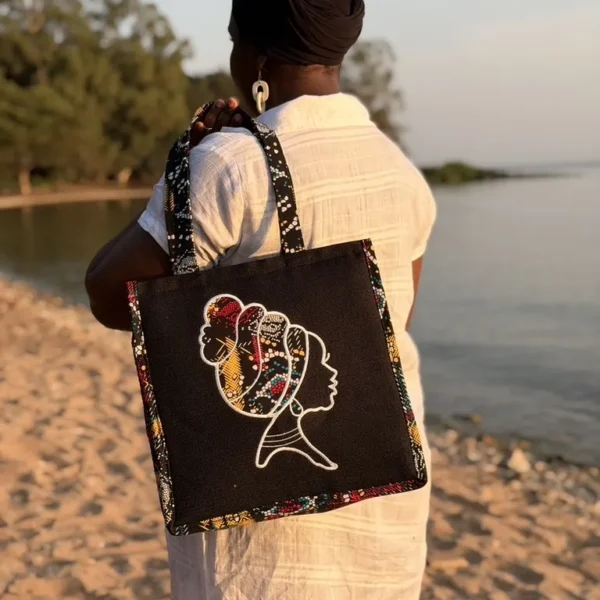 Embroidered African queen tote bag