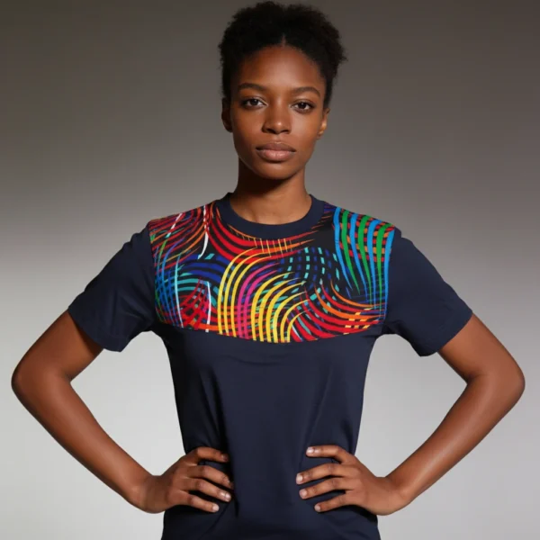 Unisex crewneck t-shirt with African print - navy chest