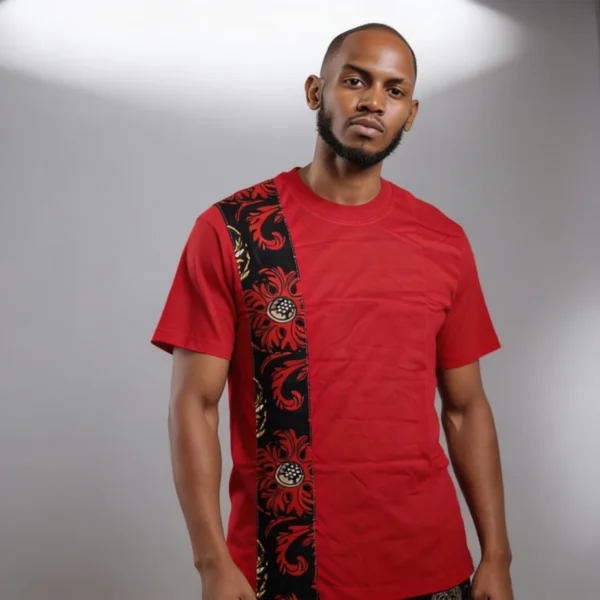 Unisex crewneck t-shirt with African print - red panel