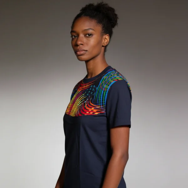 Unisex crewneck t-shirt with African print - navy chest