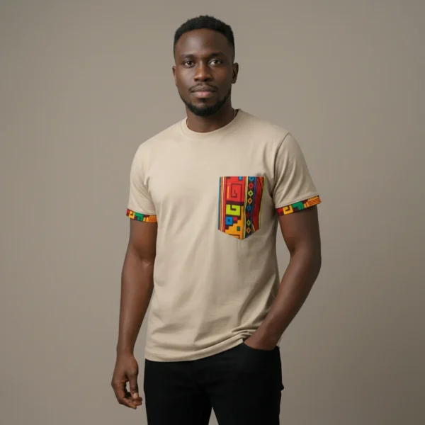 Unisex crewneck t-shirt with African print - Ecru pocket