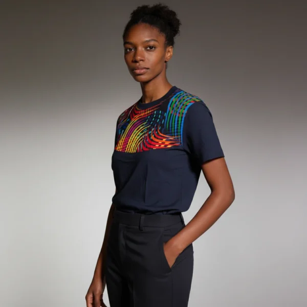Unisex crewneck t-shirt with African print - navy chest
