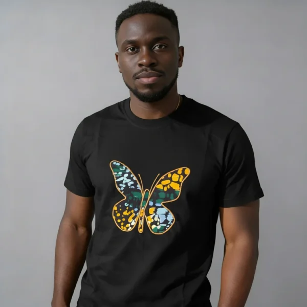 Unisex crewneck t-shirt with African print - black butterfly