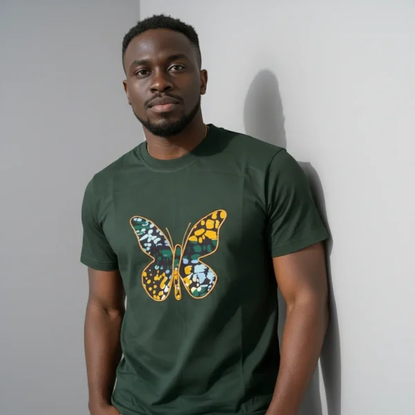 Unisex crewneck t-shirt with African print - green butterfly