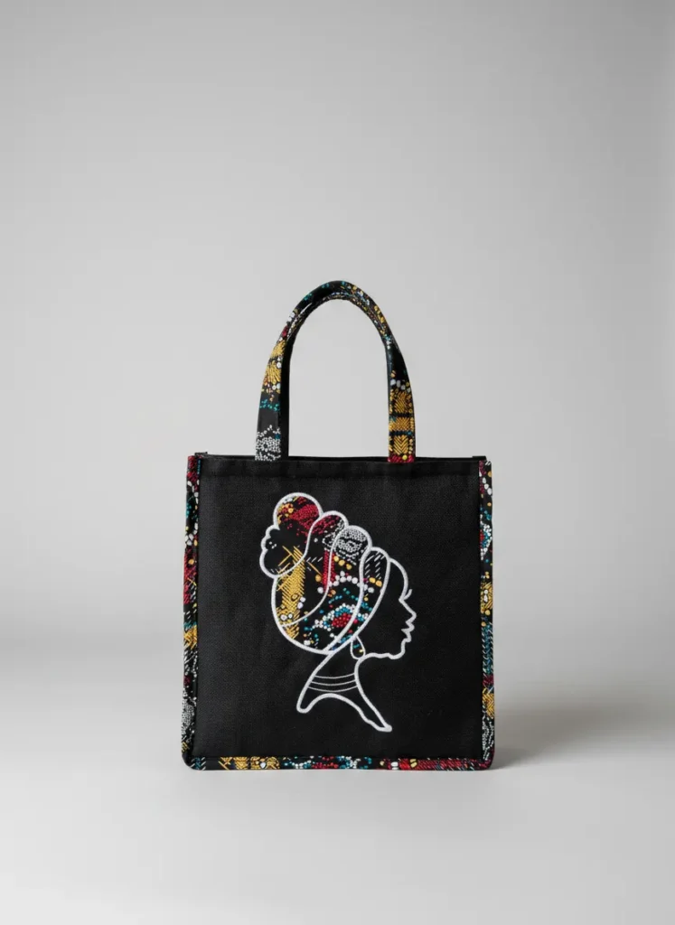 Embroidered African queen tote bag