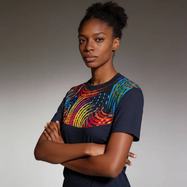 Unisex crewneck t-shirt with African print - navy chest