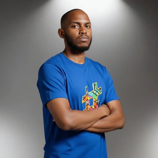 Unisex crewneck t-shirt with African print - blue hashtag