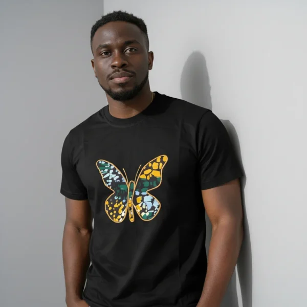Unisex crewneck t-shirt with African print - black butterfly