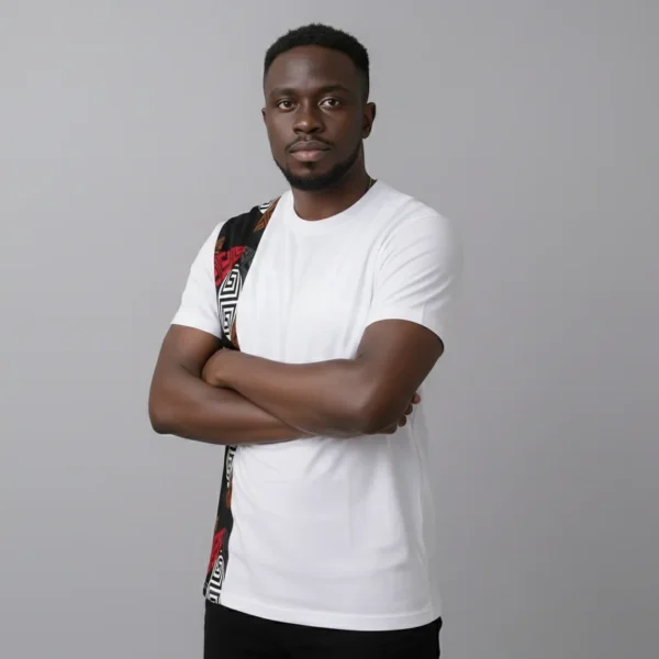 Unisex crewneck t-shirt with African print - white panel
