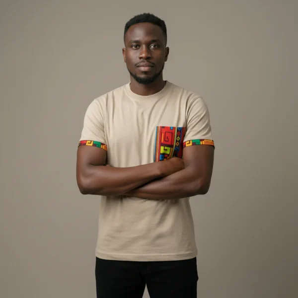 Unisex crewneck t-shirt with African print - Ecru pocket