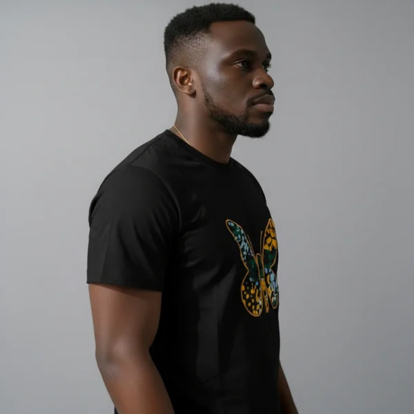 Unisex crewneck t-shirt with African print - black butterfly
