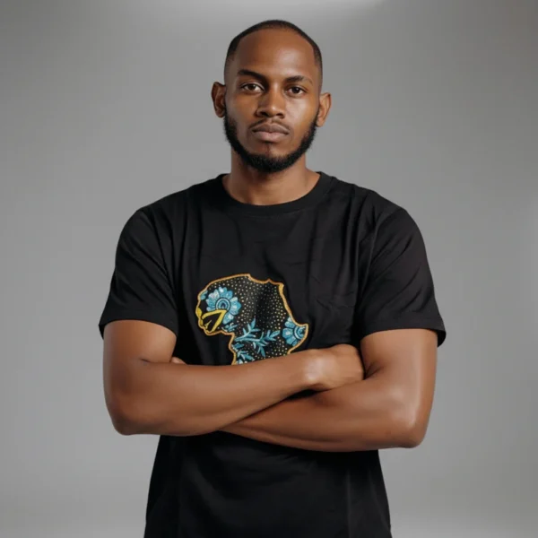 Unisex crewneck t-shirt with African print - black map