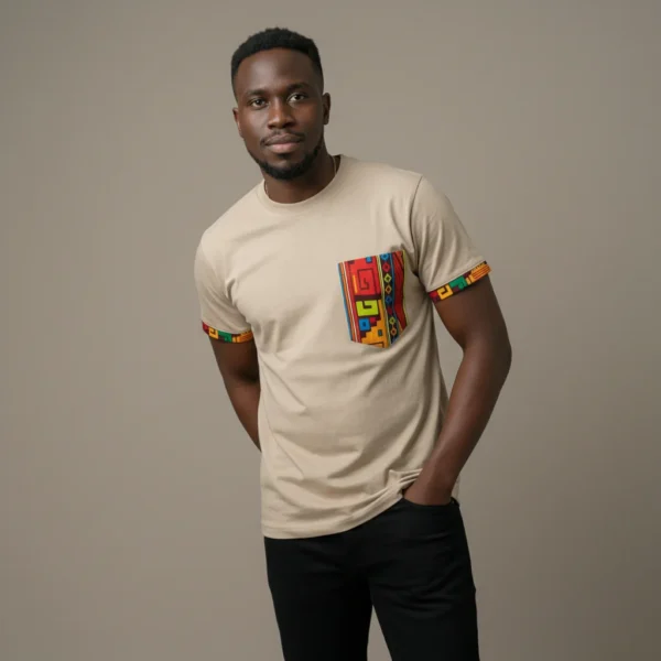 Unisex crewneck t-shirt with African print - Ecru pocket