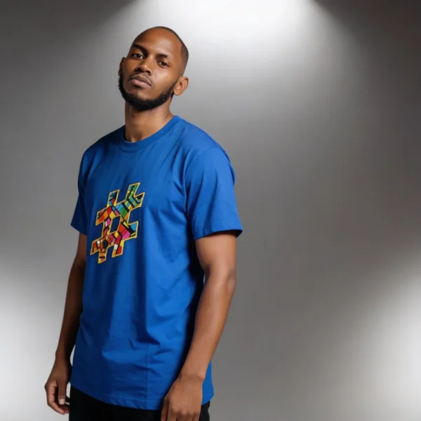 Unisex crewneck t-shirt with African print - blue hashtag