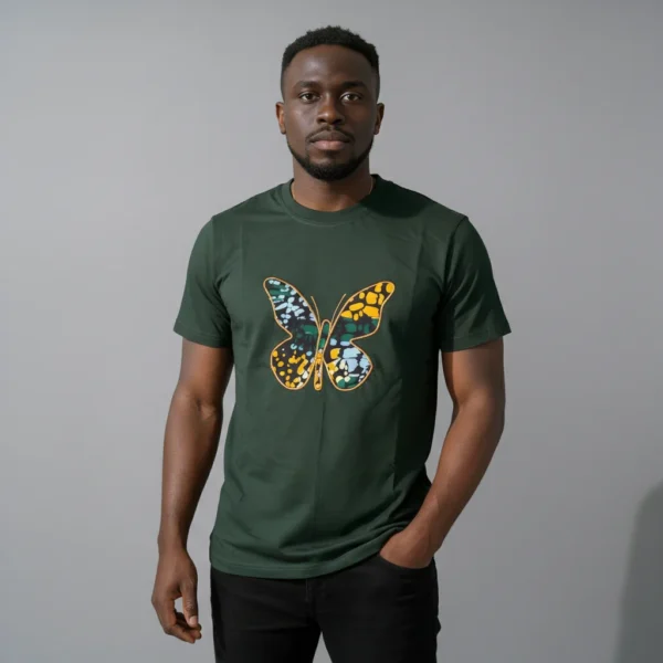 Unisex crewneck t-shirt with African print - green butterfly