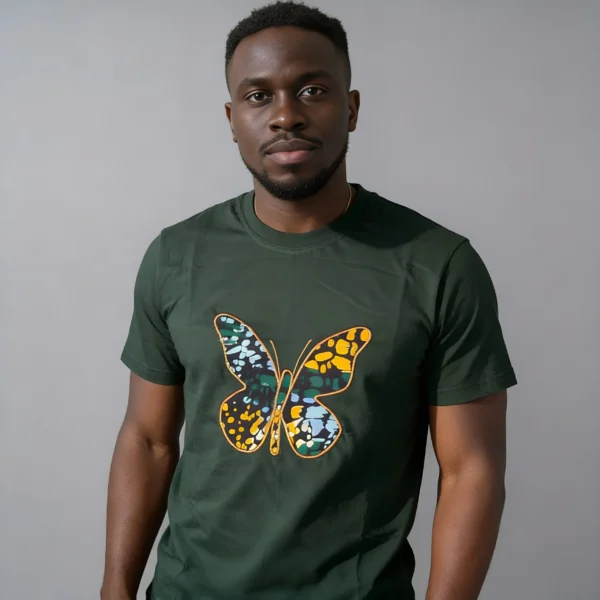 Unisex crewneck t-shirt with African print - green butterfly