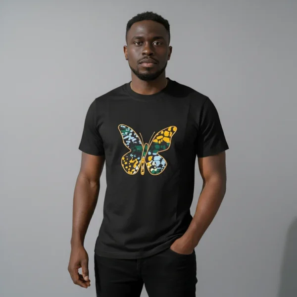 Unisex crewneck t-shirt with African print - black butterfly