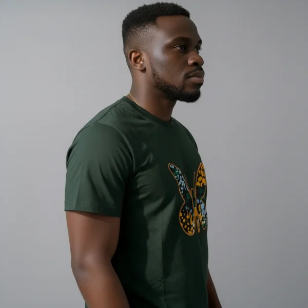 Unisex crewneck t-shirt with African print - green butterfly