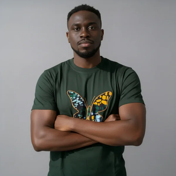 Unisex crewneck t-shirt with African print - green butterfly