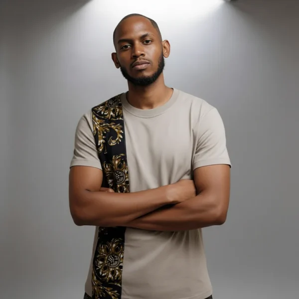 Unisex crewneck t-shirt with African print - gold panel