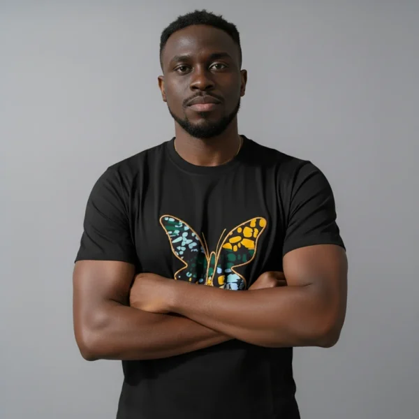Unisex crewneck t-shirt with African print - black butterfly