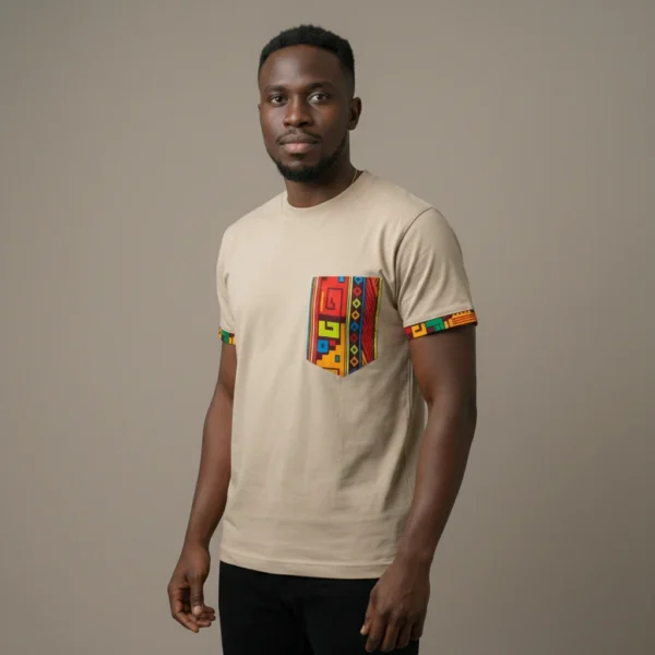 Unisex crewneck t-shirt with African print - Ecru pocket