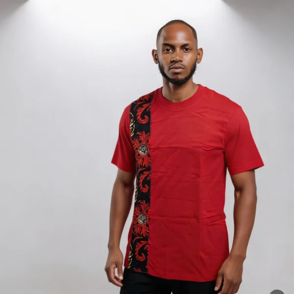 Unisex crewneck t-shirt with African print - red panel