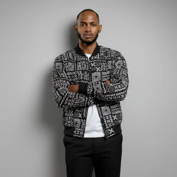 African Ankara Bomber Black and White Pattern