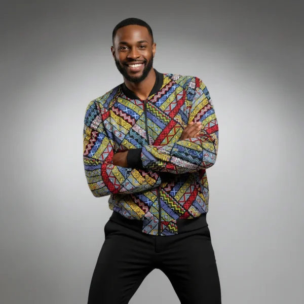 African Ankara Bomber Jacket Geometrical Maze Pattern