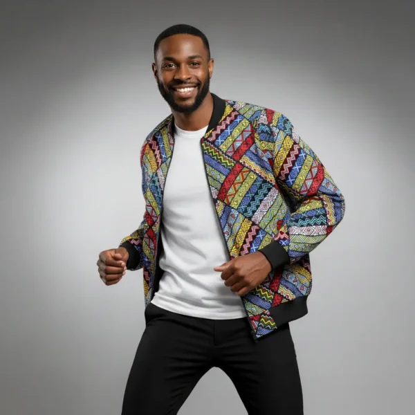 African Ankara Bomber Jacket Geometrical Maze Pattern