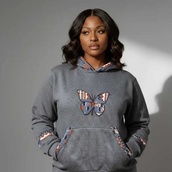 Unisex hoodie with Kitenge Butterfly - Grey