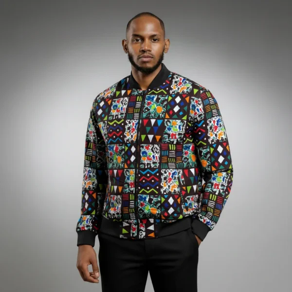 African Ankara Bomber Symbolic Cubes Pattern