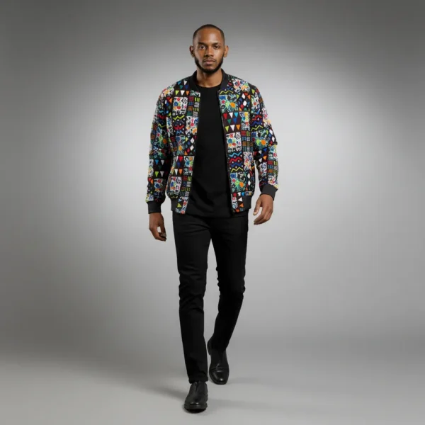 African Ankara Bomber Symbolic Cubes Pattern