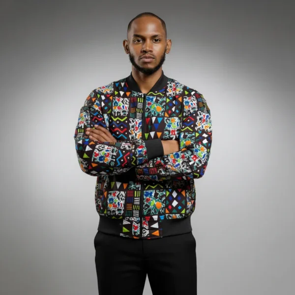 African Ankara Bomber Symbolic Cubes Pattern