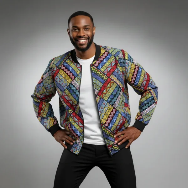 African Ankara Bomber Jacket Geometrical Maze Pattern