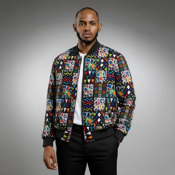 African Ankara Bomber Symbolic Cubes Pattern