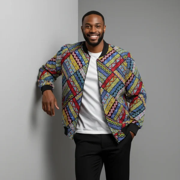 African Ankara Bomber Jacket Geometrical Maze Pattern