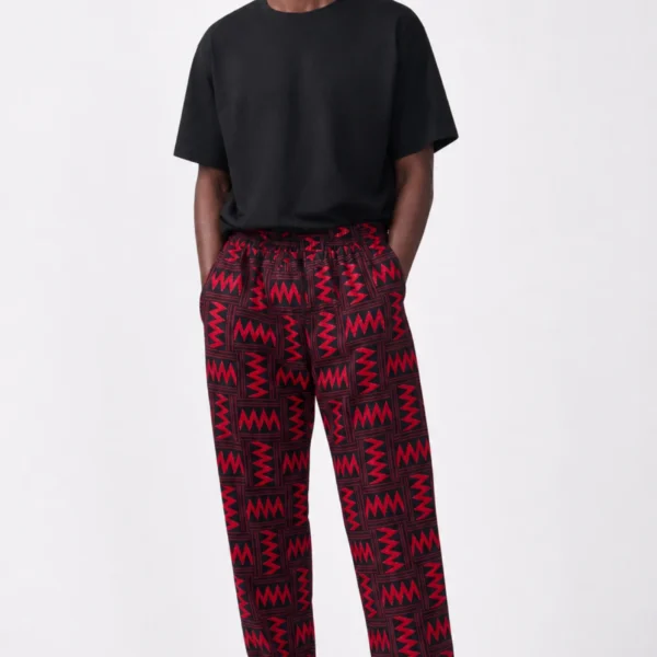 Unisex Kitenge Trousers – Red Geometric Print